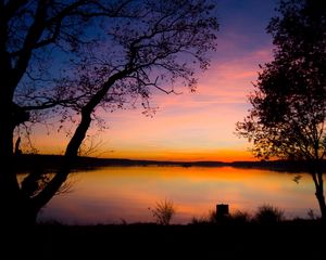 Preview wallpaper decline, trees, outlines, twilight, lake