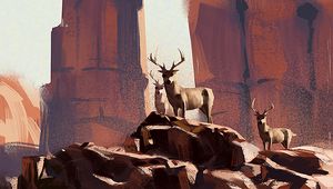 Preview wallpaper deer, animals, rocks, wildlife, art
