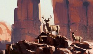 Preview wallpaper deer, animals, rocks, wildlife, art