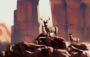 Preview wallpaper deer, animals, rocks, wildlife, art