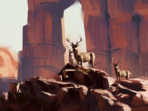 Preview wallpaper deer, animals, rocks, wildlife, art