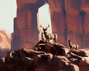 Preview wallpaper deer, animals, rocks, wildlife, art