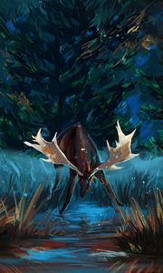 Preview wallpaper deer, antlers, forest, trees, art