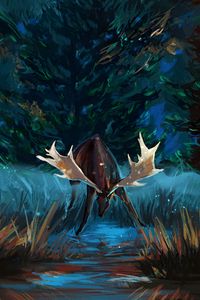 Preview wallpaper deer, antlers, forest, trees, art