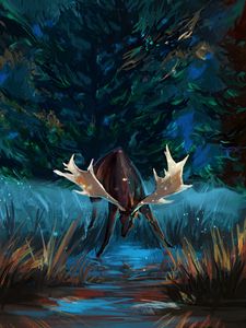 Preview wallpaper deer, antlers, forest, trees, art