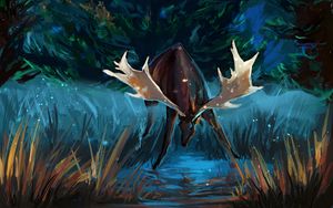 Preview wallpaper deer, antlers, forest, trees, art
