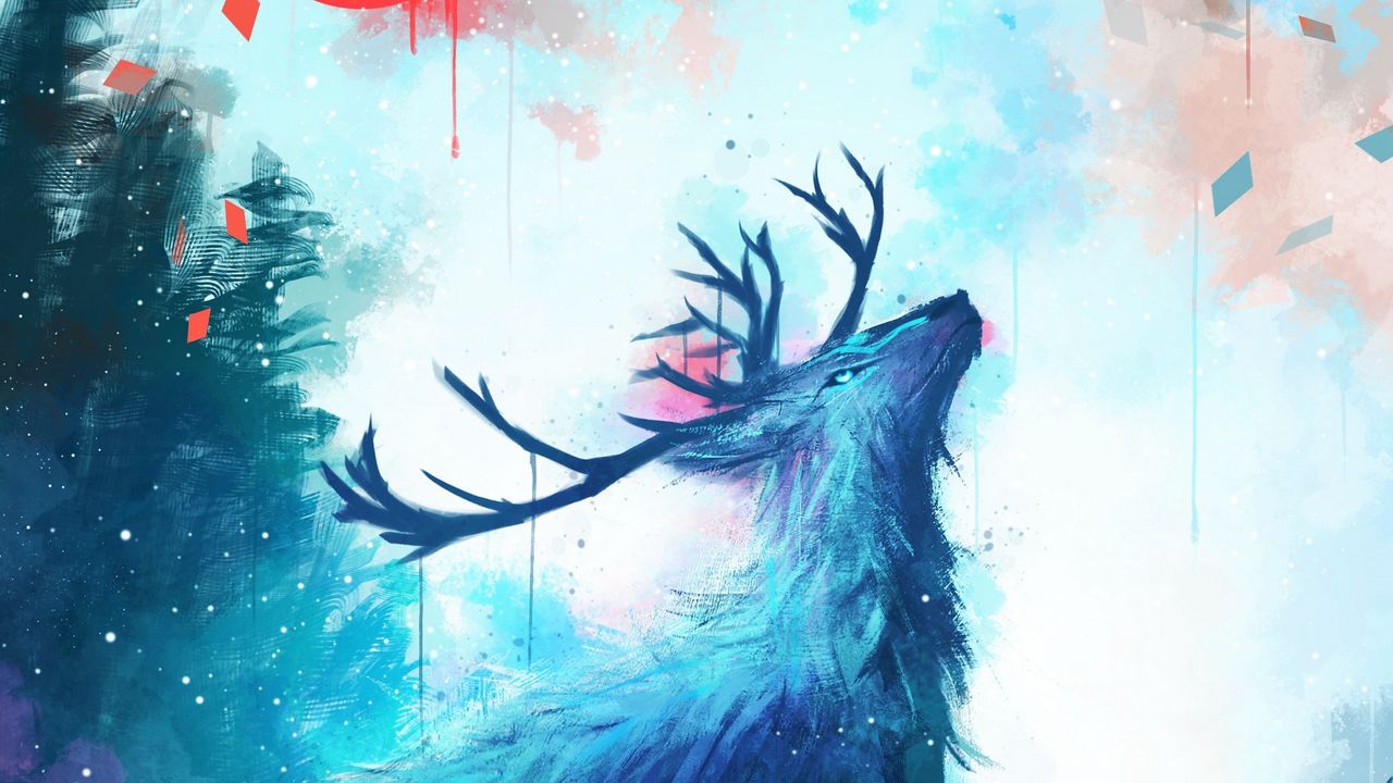 Wallpaper deer, antlers, sun, drips, paint, art