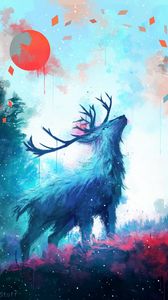 Preview wallpaper deer, antlers, sun, drips, paint, art