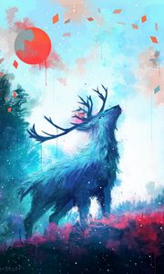 Preview wallpaper deer, antlers, sun, drips, paint, art