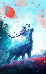 Preview wallpaper deer, antlers, sun, drips, paint, art