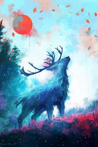 Preview wallpaper deer, antlers, sun, drips, paint, art