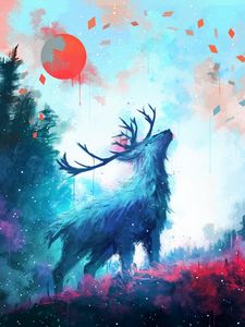 Preview wallpaper deer, antlers, sun, drips, paint, art