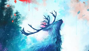 Preview wallpaper deer, antlers, sun, drips, paint, art