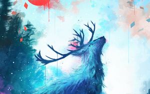 Preview wallpaper deer, antlers, sun, drips, paint, art
