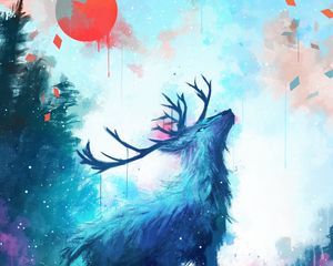 Preview wallpaper deer, antlers, sun, drips, paint, art