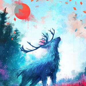 Preview wallpaper deer, antlers, sun, drips, paint, art