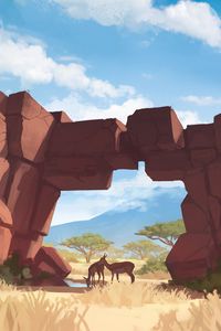 Preview wallpaper deer, arch, animals, grass, art
