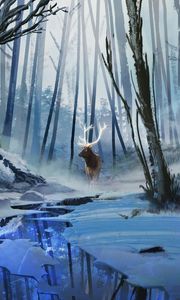 Preview wallpaper deer, art, forest, river, winter