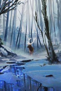 Preview wallpaper deer, art, forest, river, winter