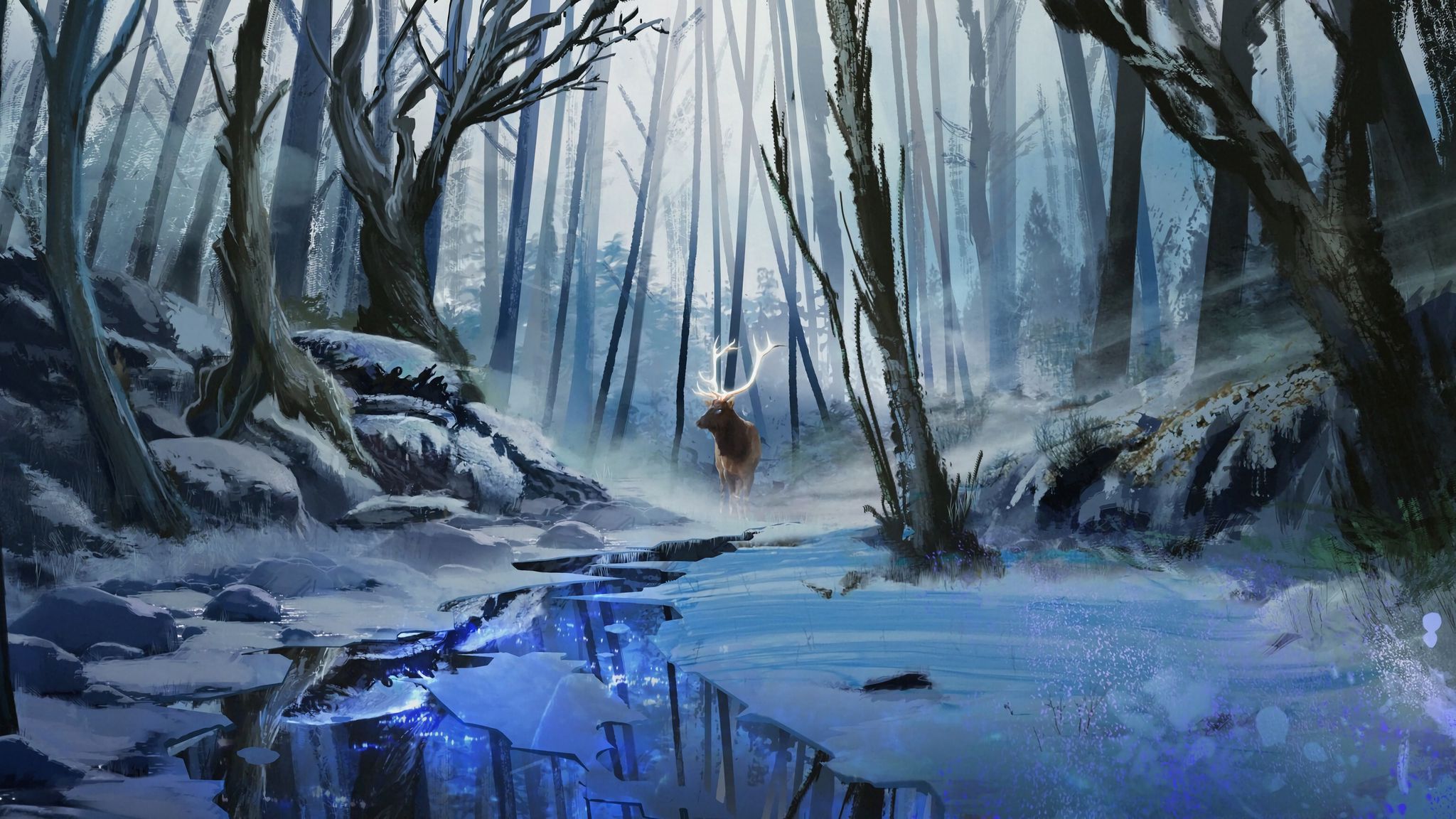 2048x1152 Wallpaper deer, art, forest, river, winter