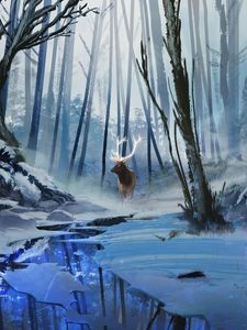 Preview wallpaper deer, art, forest, river, winter