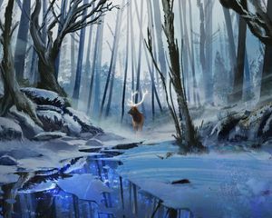 Preview wallpaper deer, art, forest, river, winter