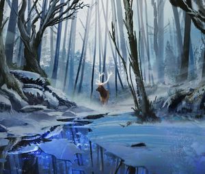 Preview wallpaper deer, art, forest, river, winter