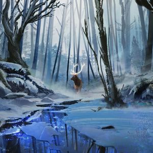 Preview wallpaper deer, art, forest, river, winter