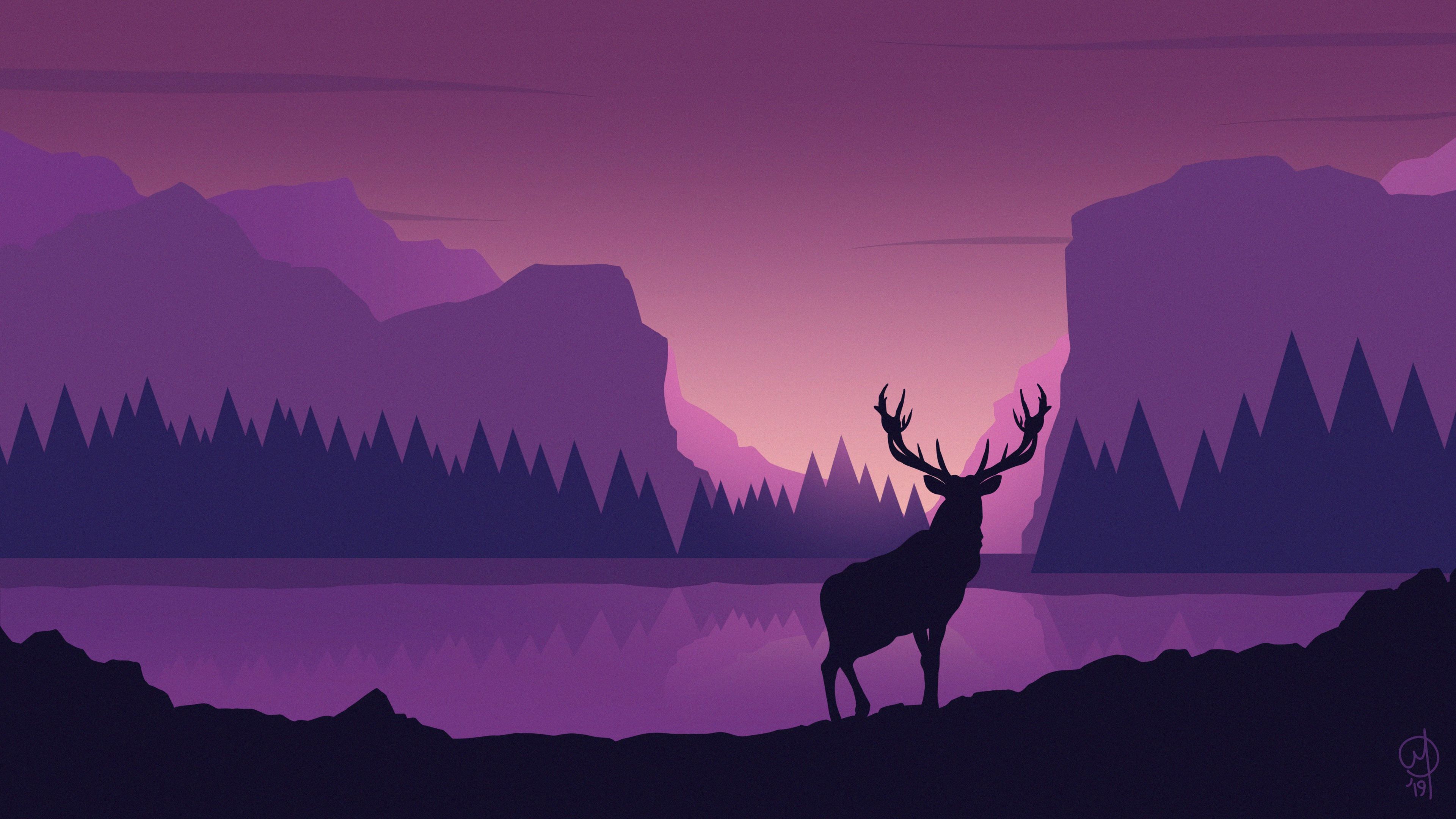 Download Wallpaper X Deer Art Vector Mountains Landscape K Uhd Hd Background