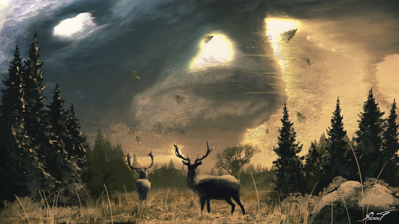 Wallpaper deer, dees, horns, trees, sun, art