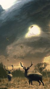 Preview wallpaper deer, dees, horns, trees, sun, art