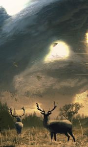 Preview wallpaper deer, dees, horns, trees, sun, art