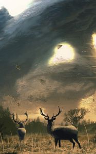 Preview wallpaper deer, dees, horns, trees, sun, art