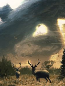 Preview wallpaper deer, dees, horns, trees, sun, art