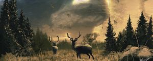 Preview wallpaper deer, dees, horns, trees, sun, art