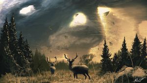 Preview wallpaper deer, dees, horns, trees, sun, art