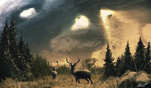 Preview wallpaper deer, dees, horns, trees, sun, art