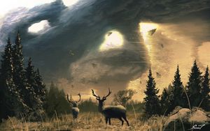 Preview wallpaper deer, dees, horns, trees, sun, art