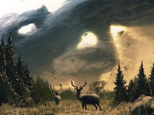 Preview wallpaper deer, dees, horns, trees, sun, art