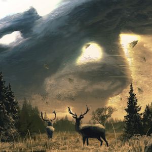 Preview wallpaper deer, dees, horns, trees, sun, art