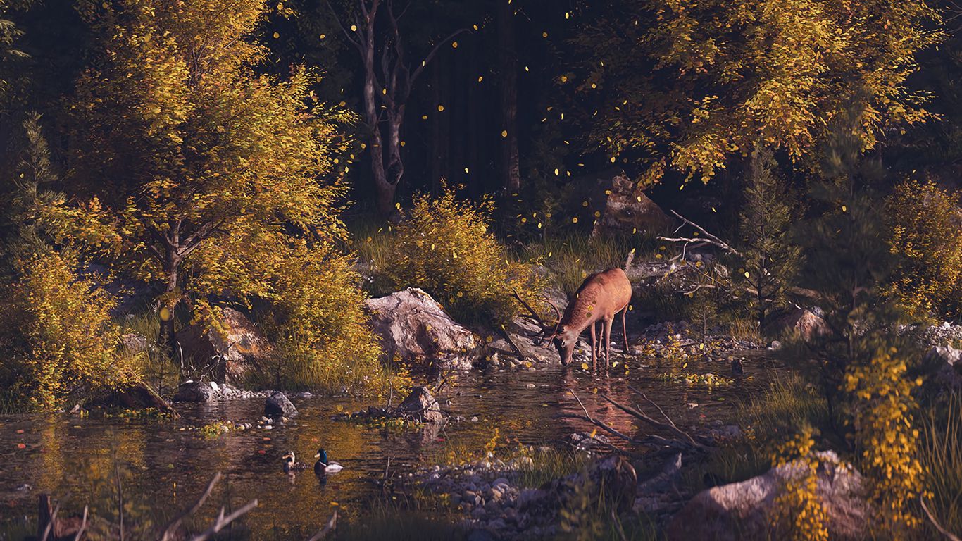 Download wallpaper 1366x768 deer, forest, art, river, landscape