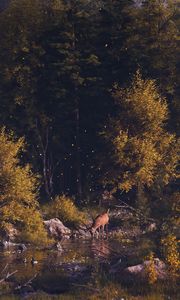 Preview wallpaper deer, forest, art, river, landscape, wildlife