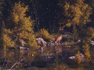 Preview wallpaper deer, forest, art, river, landscape, wildlife