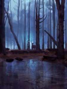 Preview wallpaper deer, forest, lake, magic, art