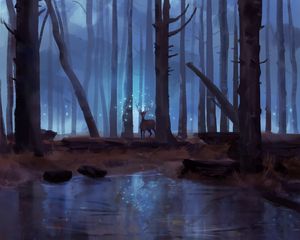 Preview wallpaper deer, forest, lake, magic, art