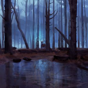 Preview wallpaper deer, forest, lake, magic, art