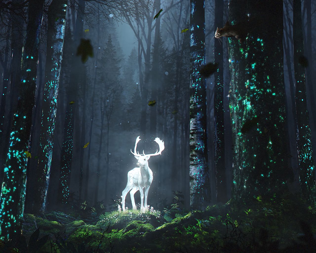 1280x1024 Wallpaper deer, forest, night, glow, art, grass, trees, leaves