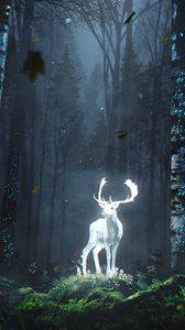 Preview wallpaper deer, forest, night, glow, art, grass, trees, leaves