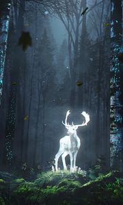 Preview wallpaper deer, forest, night, glow, art, grass, trees, leaves