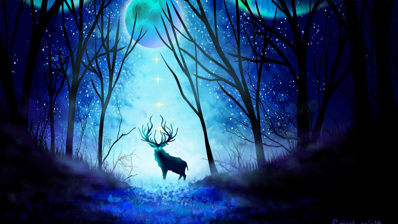 Wallpaper deer, forest, night, moon, northern lights, art